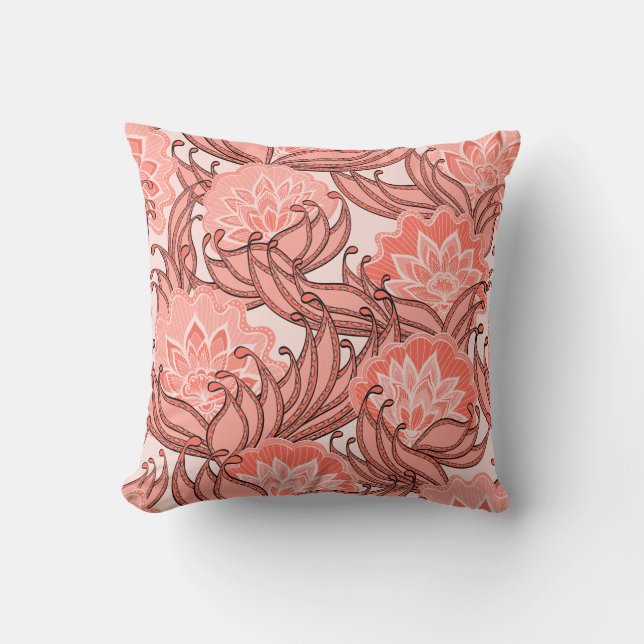Vibrant Coral Floral Pattern Throw Pillow (Front)