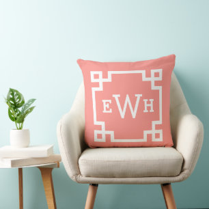 Vibrant Coral Greek Key Monogram Initial Throw Pillow
