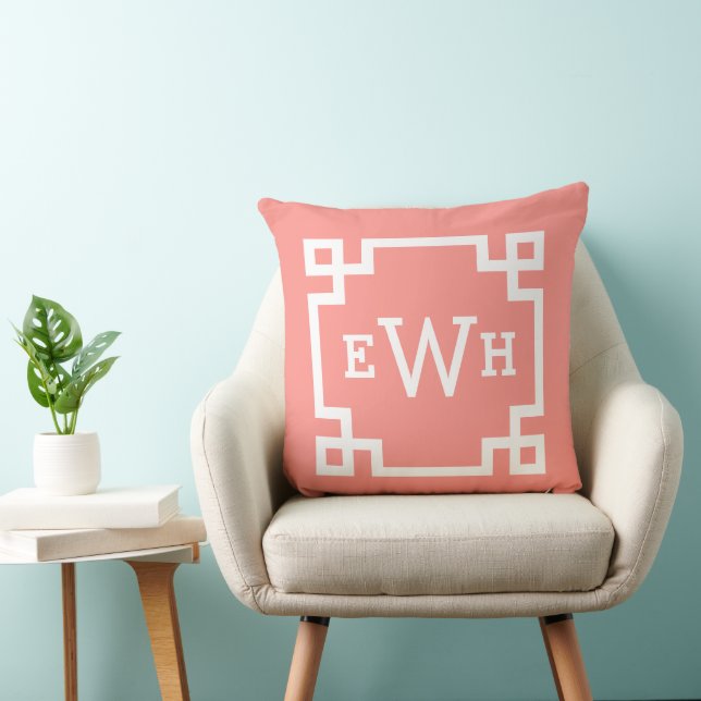 Vibrant Coral Greek Key Monogram Initial Throw Pillow (Chair)