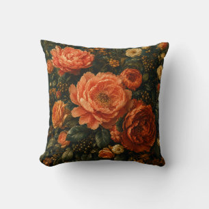 Vibrant Coral Peony and Rose Vintage Floral Throw Pillow