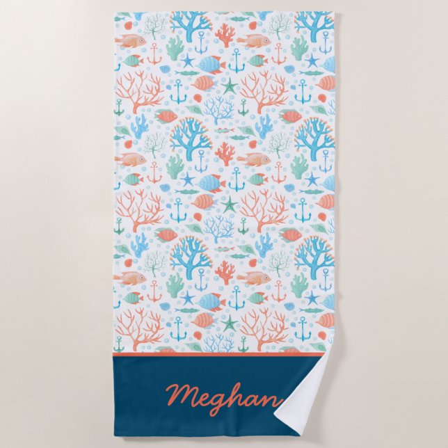 Vibrant Coral Personalized Beach Towel (Front)