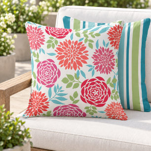 Vibrant Coral Pink Dahlia Rose Floral Outdoor Pillow