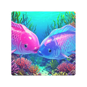 Vibrant Coral Reef Fish Couple – Pink and Blue Metal Print