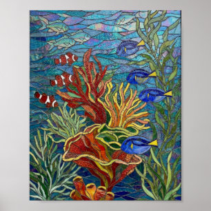 Vibrant Coral Reef & Tropical Fish Mosaic Stained Poster