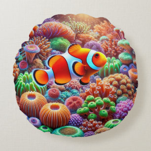 Vibrant Coral Reef with a Clownfish Round Pillow