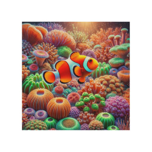 Vibrant Coral Reef with a Clownfish Wood Wall Art