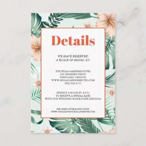Vibrant Coral Tropical Wedding Details Card