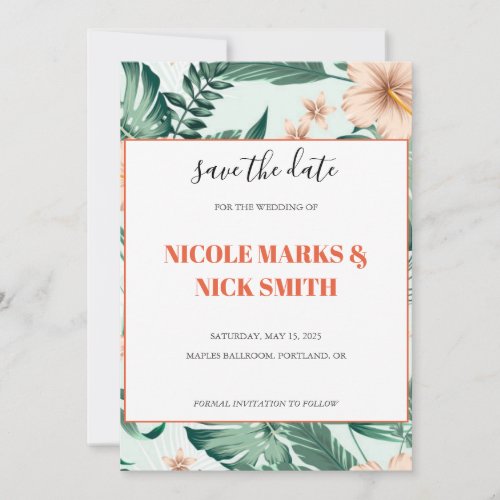 Vibrant Coral Tropical Wedding Save the Date