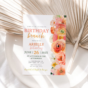 Vibrant Coral Watercolor Floral Birthday Brunch Invitation