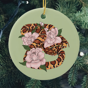 Vibrant Corn Snake Pink Peony Flowers Green Ceramic Ornament
