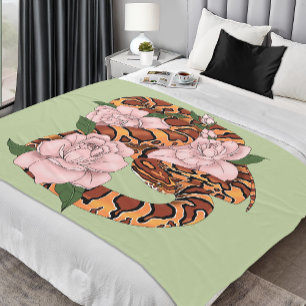 Vibrant Corn Snake Pink Peony Flowers Green Fleece Blanket