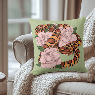 Vibrant Corn Snake Pink Peony Flowers Green Throw Pillow