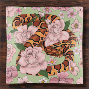 Vibrant Corn Snake Pink Peony Flowers Green Trinket Tray