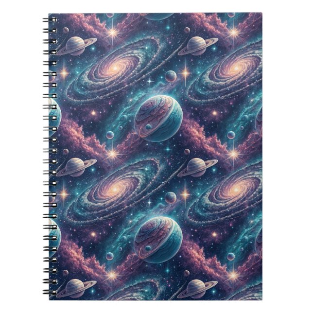 Vibrant Cosmic Galaxy & Deep Space Planets Pattern Notebook (Front)