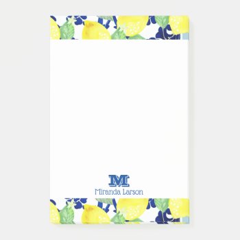 Vibrant Country Lemons & Blue Floral | Monogram Post-it Notes by GrudaHomeDecor at Zazzle