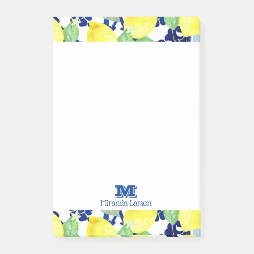 Vibrant Country Lemons  Blue Floral  Monogram Post_it Notes