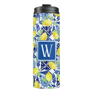 Vibrant Country Lemons & Blue Floral Monogram Thermal Tumbler
