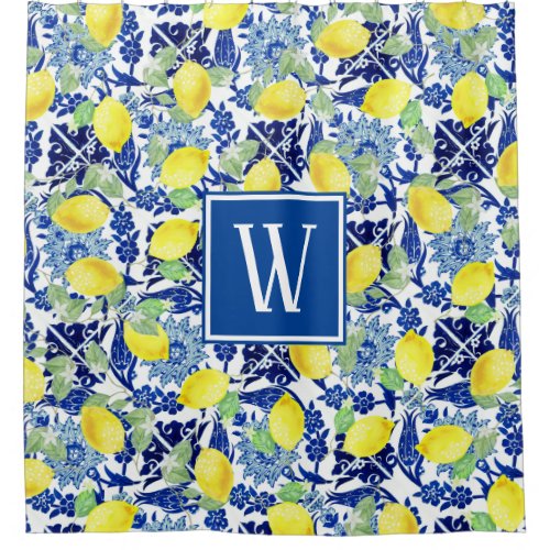 Vibrant Country Lemons  Blue Floral Tile Shower Curtain