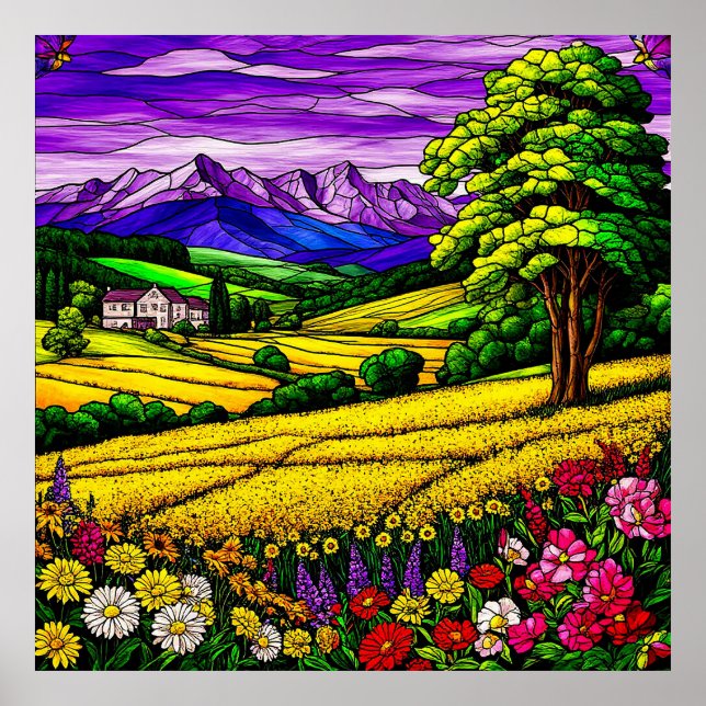 Vibrant Countryside Landscape and Mountain Views Poster (Front)