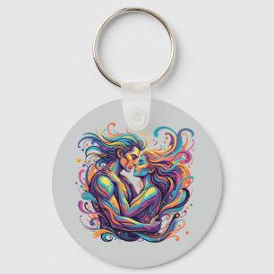 Vibrant Couple Embrace Psychedelic Flowing Art Keychain