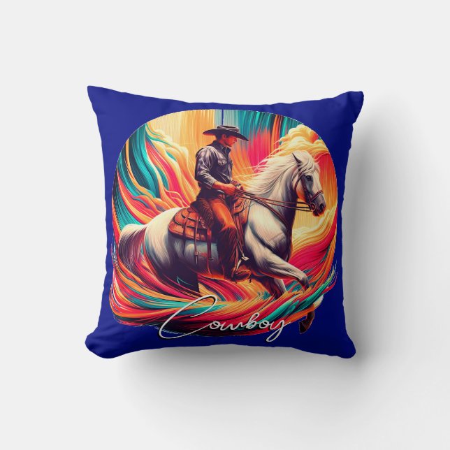 Vibrant Cowboy and Horse Blue Throw Pillow (Front)