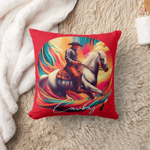 Vibrant Cowboy and Horse Burnt Orange Throw Pillow