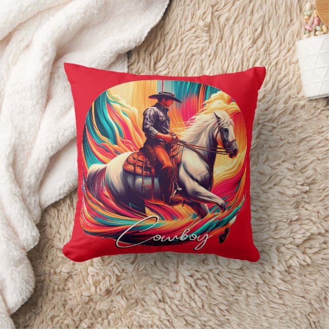 Vibrant Cowboy and Horse Burnt Orange Throw Pillow (Blanket)
