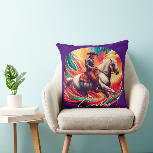 Vibrant Cowboy and Horse Purple Throw Pillow (Chair)