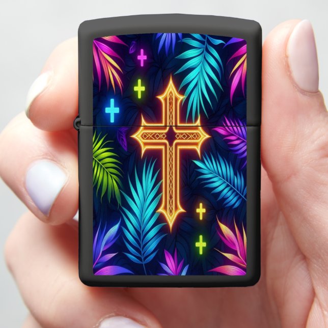 Vibrant Cross Amid Tropical Foliage b Zippo Lighter (In Hand)
