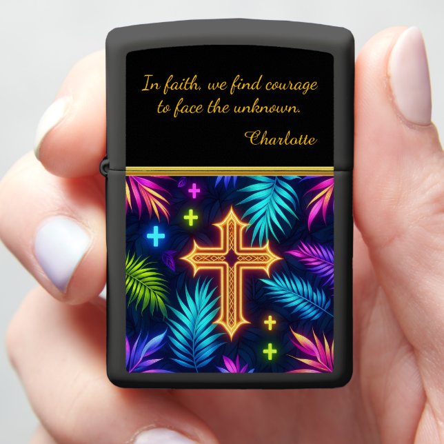 Vibrant Cross Amid Tropical Foliage Zippo Lighter (In Hand)