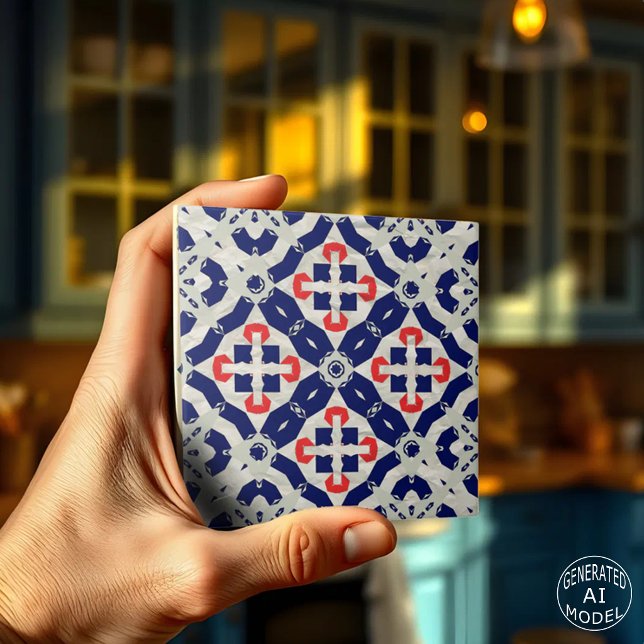 Vibrant Cross Mosaic in Navy Blue, Red and Grey Ceramic Tile (Creator Uploaded)