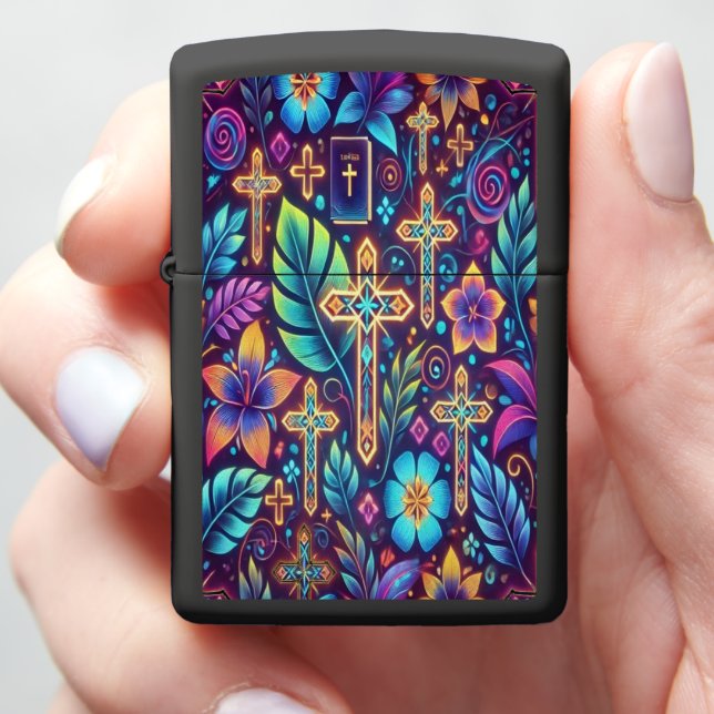 Vibrant Cross Patterns Amidst Lush Foliage b Zippo Lighter (In Hand)