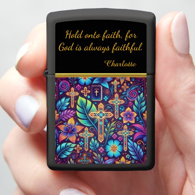 Vibrant Cross Patterns Amidst Lush Foliage Zippo Lighter (In Hand)