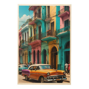 Vibrant Cuban Streets with Classic Cars Wood Wall Art