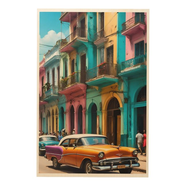 Vibrant Cuban Streets with Classic Cars Wood Wall Art (Front)