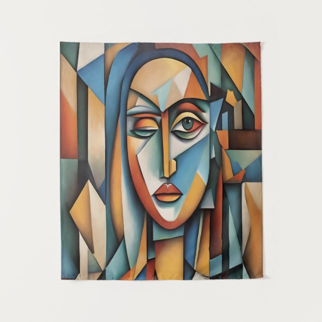 Vibrant Cubist Portrait Abstract Geometric Art Tapestry (Front)