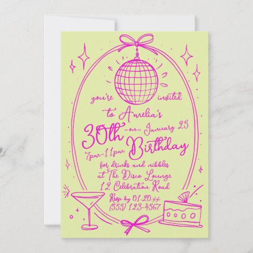 Vibrant Custom 30th Birthday Disco Hand Drawn Invitation