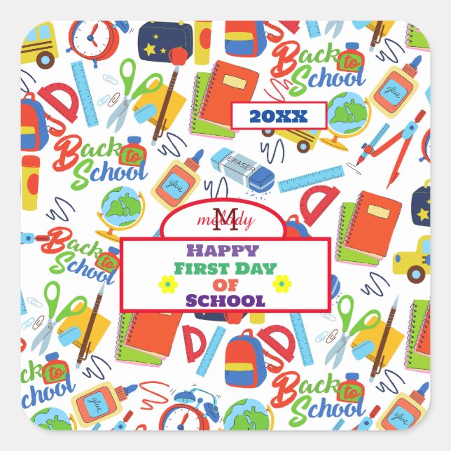 Vibrant Customizable Back to School Pattern Classi Square Sticker (Front)