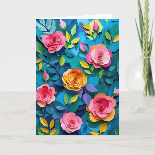 Vibrant Cut-Paper Rose Garden Card (Front)