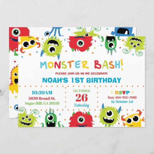 Vibrant Cute Little Monsters Boy 1st Birthday Invitation