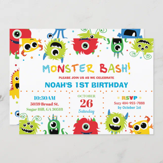 Vibrant Cute Little Monsters Boy 1st Birthday Invitation | Zazzle