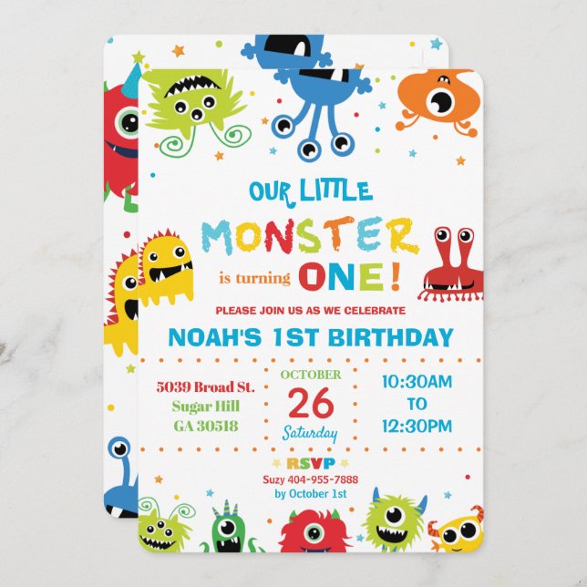 Vibrant Cute Little Monsters Boy 1st Birthday Invitation (Front/Back)