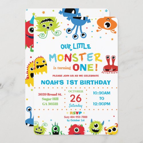 Vibrant Cute Little Monsters Boy 1st Birthday Invitation