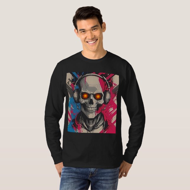 Vibrant Cyber 2K Urban Skull with Headphones T-Shirt (Front Full)