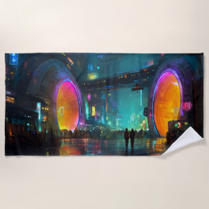 Vibrant Cyberpunk Cityscape with Arches Beach Towel