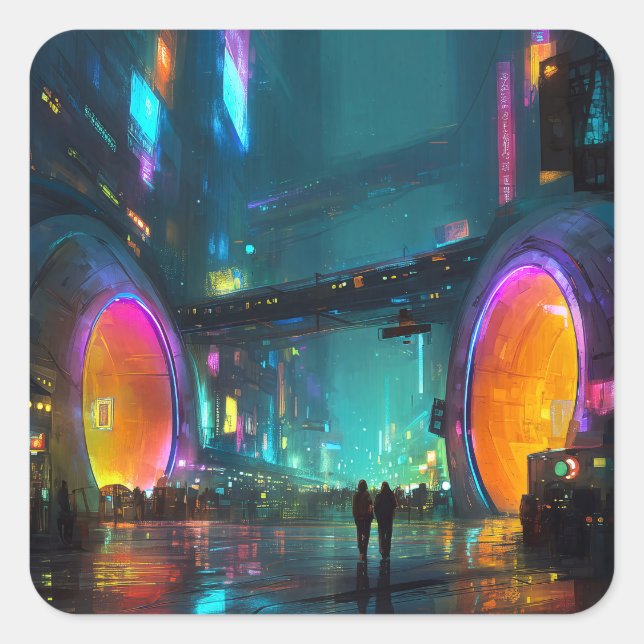 Vibrant Cyberpunk Cityscape with Arches Square Sticker (Front)