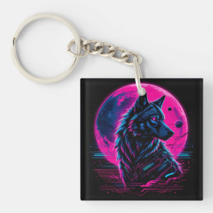 Vibrant Cyberpunk Neon Wolf Keychain