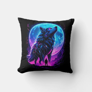 Vibrant Cyberpunk Neon Wolf Throw Pillow