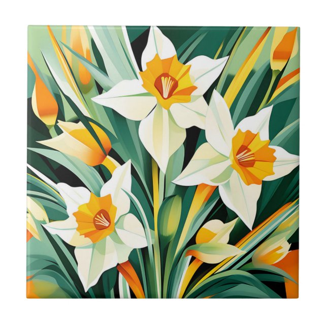 Vibrant Daffodil Flowers Plant Ceramic Tile (Front)