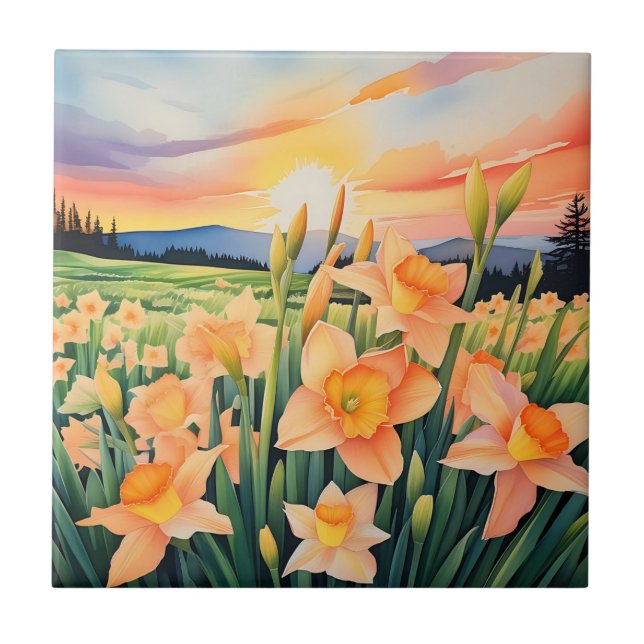 Vibrant Daffodil Meadow Ceramic Tile (Front)